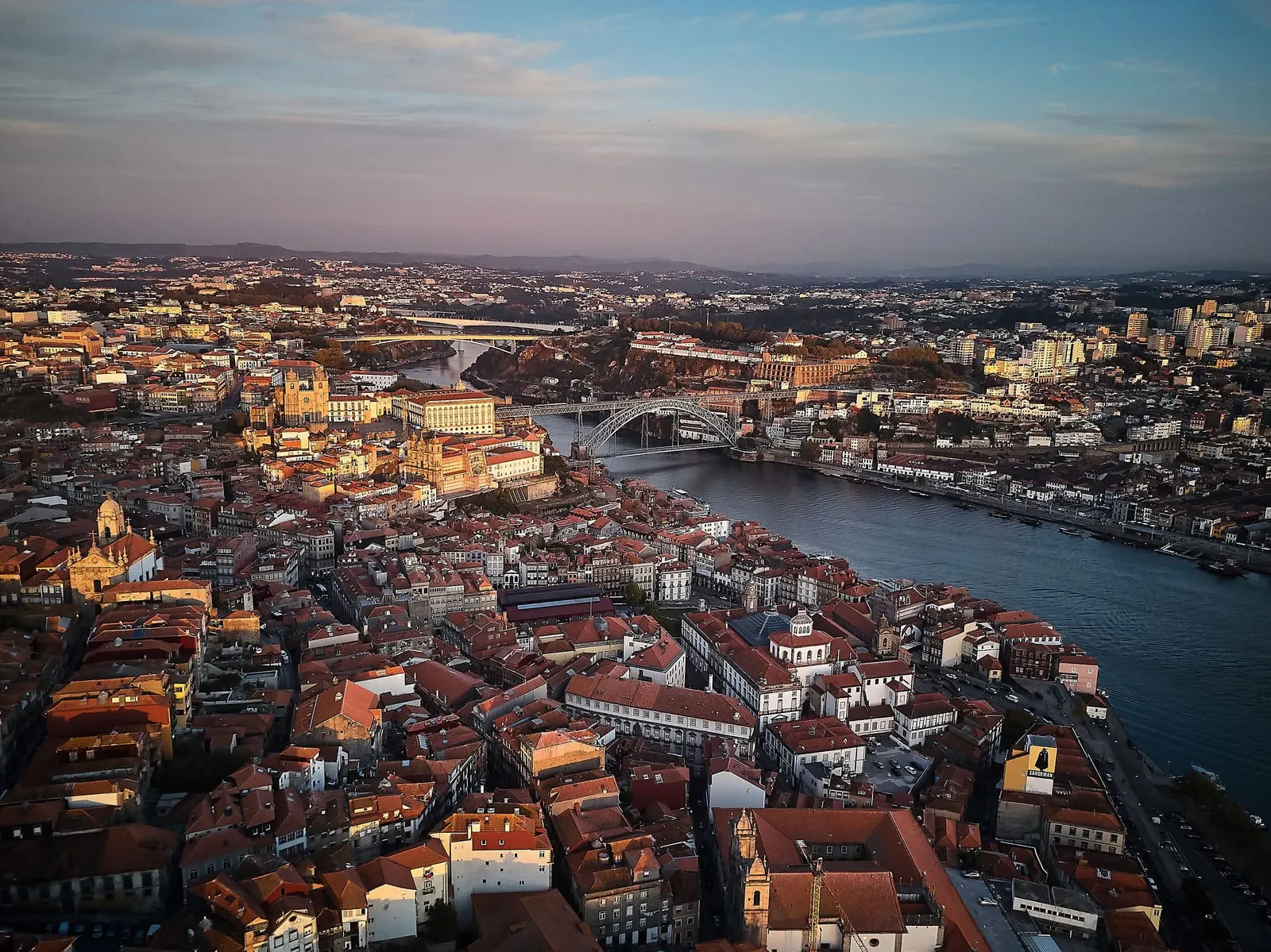 Porto from above, the Douro turning towards the sea